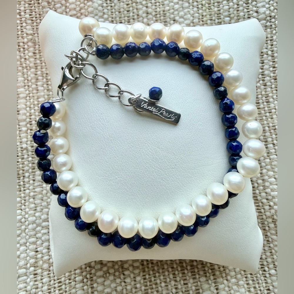 Lustrous White Pearl and Lapis Lazuli Double Strand Bracelet Sterling Silver